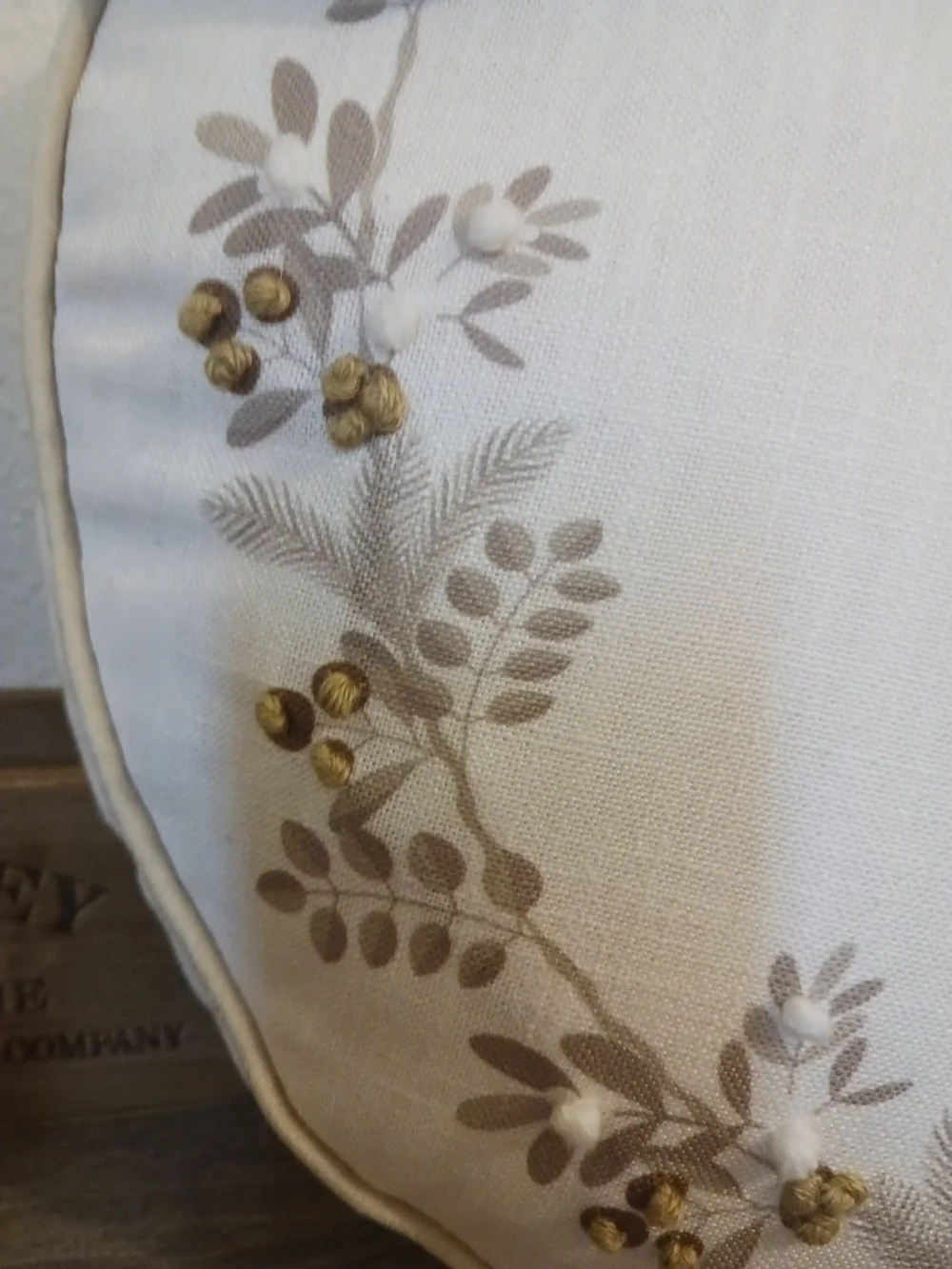 Beige Embroidered Round Holiday Pillow with Decorative Bow 16